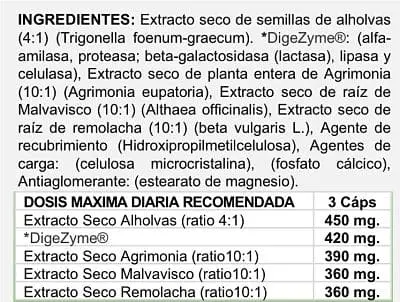 Tabla ingredientes del suplemento fisiológico Enzy-Duo