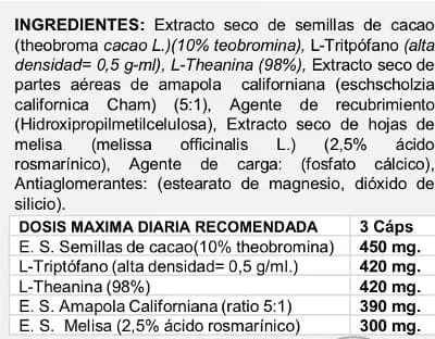 Tabla ingredientes del suplemento fisiológico Happylity