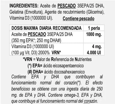 Tabla ingredientes del suplemento fisiológico Omega Vit-D