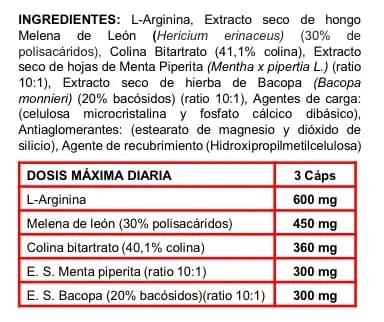 Tabla ingredientes del suplemento fisiológico Mentalerta