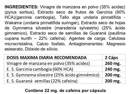 Tabla ingredientes del suplemento fisiológico Termobolich